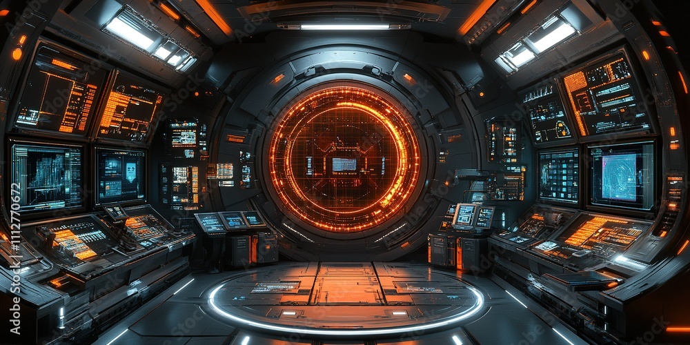 Poster futuristic control room with glowing interfaces and advanced technology in a sci-fi setting