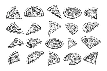 Engraving pizza. Italian traditional fast food with meat sausages vegetable and melted cheese, restaurant street meal baking flatbread pie, hand drawn isolated vector on white background