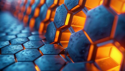 A close up of a hexagonal pattern with a blue background and orange accents