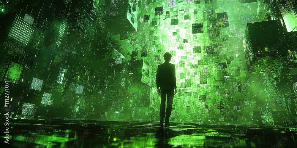 Poster person exploring a digital green world filled with floating blocks of light and patterns