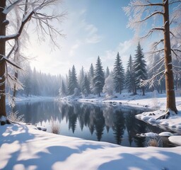 A cozy winter scene with snow-covered trees and a frozen lake, natural beauty, peaceful