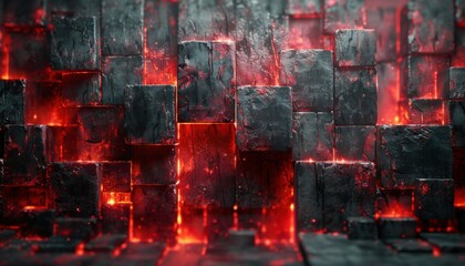 A wall made of black blocks with red flames coming out of it