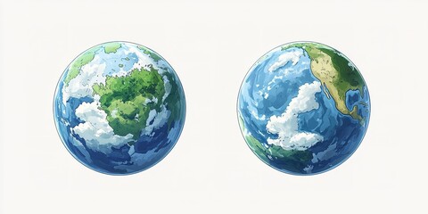Digital artwork showing Earth from two distinct perspectives showcasing land and cloud formations
