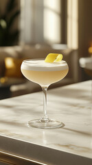 A photo of a White Lady cocktail with a lemon twist on a modern stone bar table and background in a high class city lounge. Vertical layout.