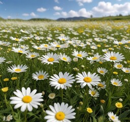 Fototapeta premium A field of white daisies and yellow wildflowers swaying in the wind on a sunny day, sunflower fields, countryside, wildflowers