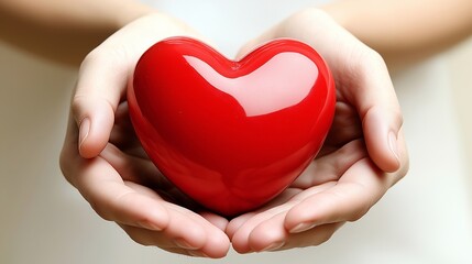 Fototapeta premium A close-up of two hands softly cradling a smooth, red, heart-shaped object, beautifully symbolizing love, affection, and care. The warm tones and gentle gesture evoke the spirit of Valentine's Day