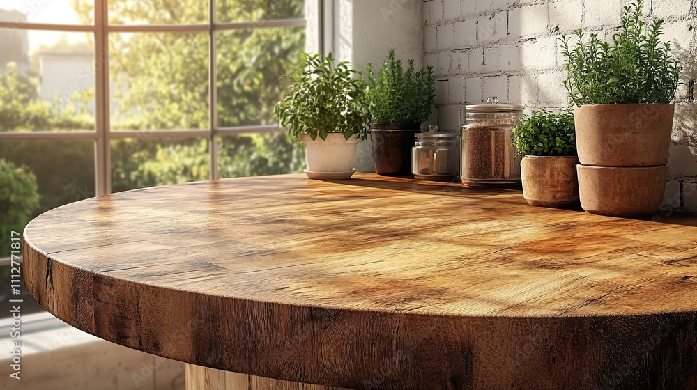 Poster beautiful round wood tabletop counter inside empty with a bright clean kitchen background ideal for 