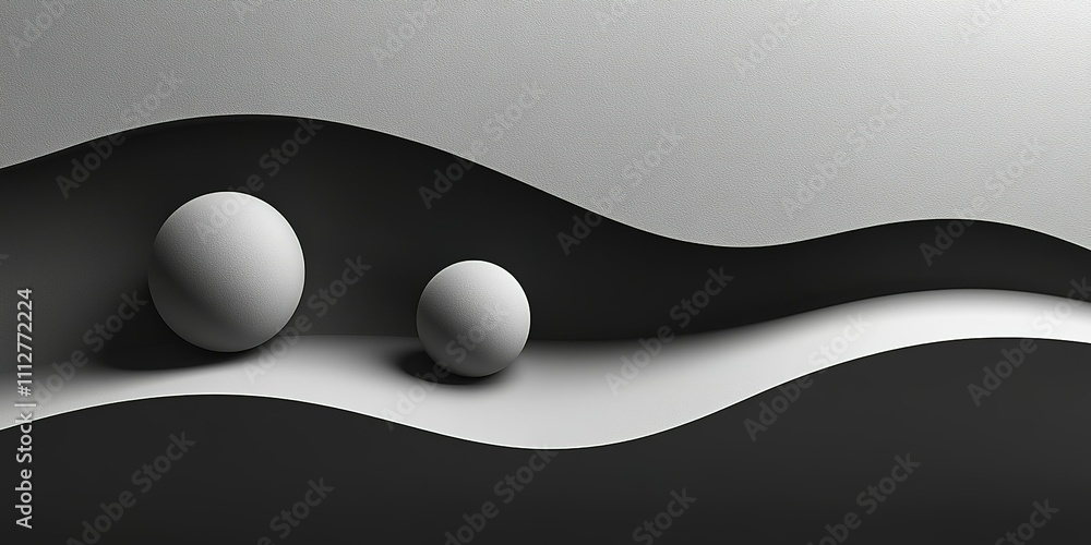 Poster abstract composition of curved shapes and spheres in a minimalist style using contrasting black and 