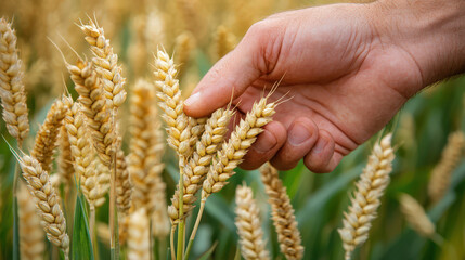 Hand holding ears of wheat in a wheat field. Ripe wheat in hand.
