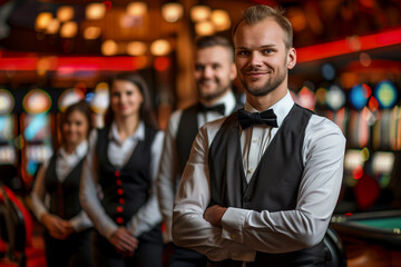 Fototapeta premium Photography of a Estonia group of workers at a luxurious casino with the illuminated slot machines in the background.