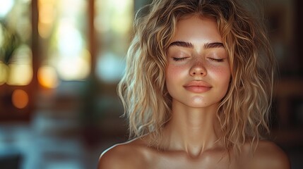 Fototapeta premium beautiful young woman praying in the morning at home girl with closed eyes