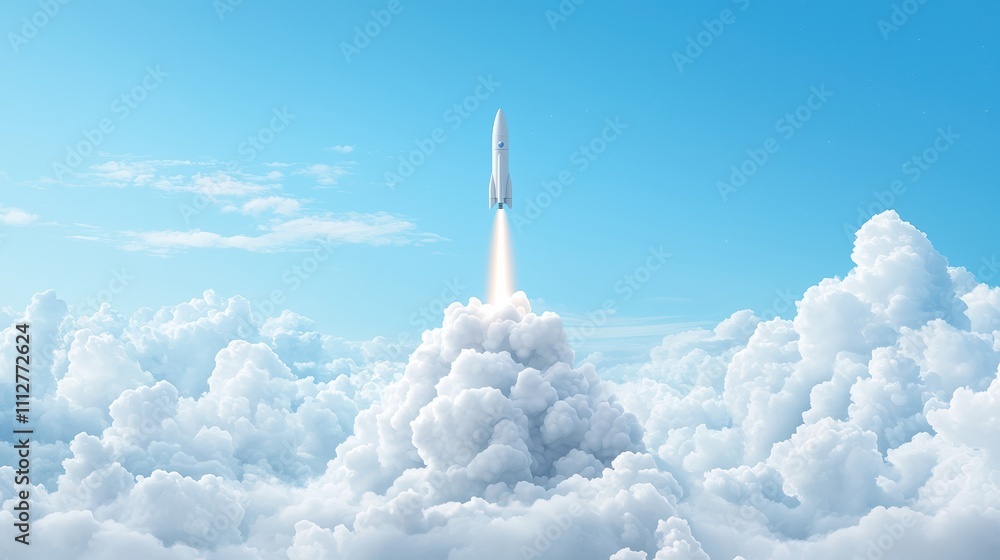 Poster a rocket ship launching from a cloud platform, symbolizing the rapid growth and transformative poten