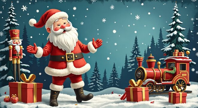 Festive Santa Claus with a Train and Gifts in a Winter Wonderland Landscape