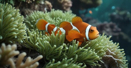 A small orange clownfish hiding among the tentacles of a green anemone, sea creature, aquatic scene