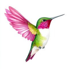 Fototapeta premium Artistic hummingbird close-up in serene pink and green watercolor