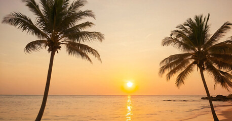 Obraz premium Tranquil closeup calm sea water waves with palm trees. Beautiful sunrise sunset sunlight. Tropical island beach landscape exotic shore coast. Summer vacation, holiday amazing nature. Relax paradise