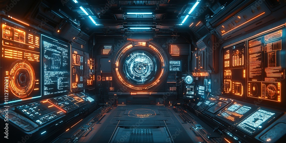 Poster futuristic control room with glowing interfaces and advanced technology in a space setting