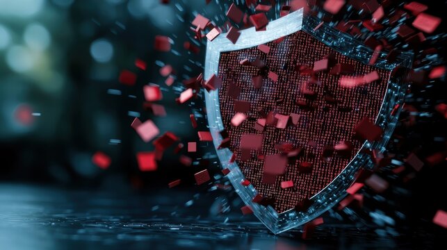 A transparent shield with binary code streaming across its surface, deflecting a barrage of red malware symbols, symbolizing proactive cyber defense.