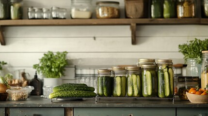 Rustic kitchen scene with cucumbers on a wire rack, surrounded by jars of homemade pickles