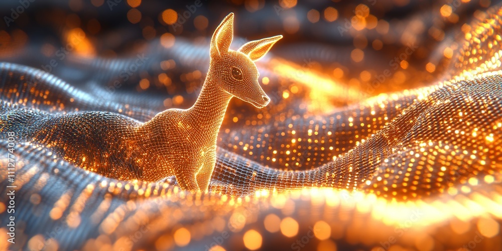 Aufkleber digital representation of a glowing deer amidst flowing particles in a vibrant setting during a nigh