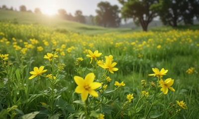 Fototapeta premium Aromatic yellow rape flowers blooming in a lush green meadow, aromatic, meadow