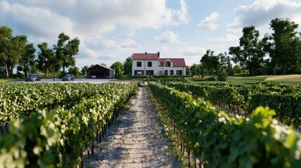 A vineyard with a house in the background