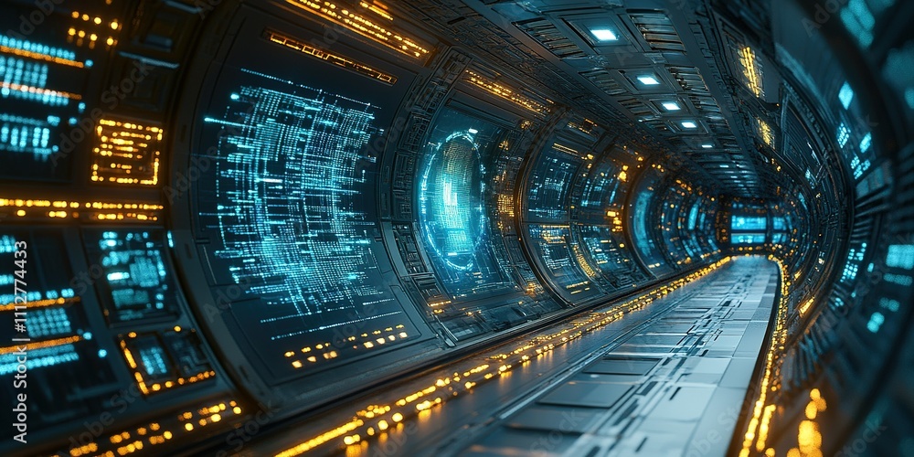 Poster futuristic corridor with glowing technology and intricate displays in a sci-fi setting