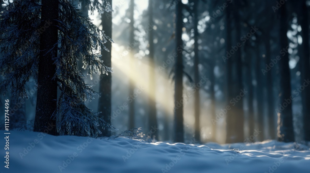 Poster a tree in a forest with snow on it and the sun shining through the trees