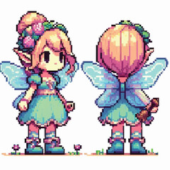 Fairy character pixel art perspective and back view	
