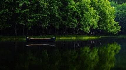 Obraz premium A small boat is floating on a lake surrounded by trees