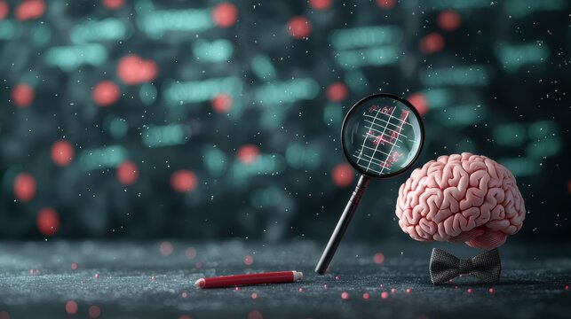 A brain wearing a monocle and a bow tie, inspecting a complex mathematical formula with a magnifying glass, portraying intelligence and sophistication.
