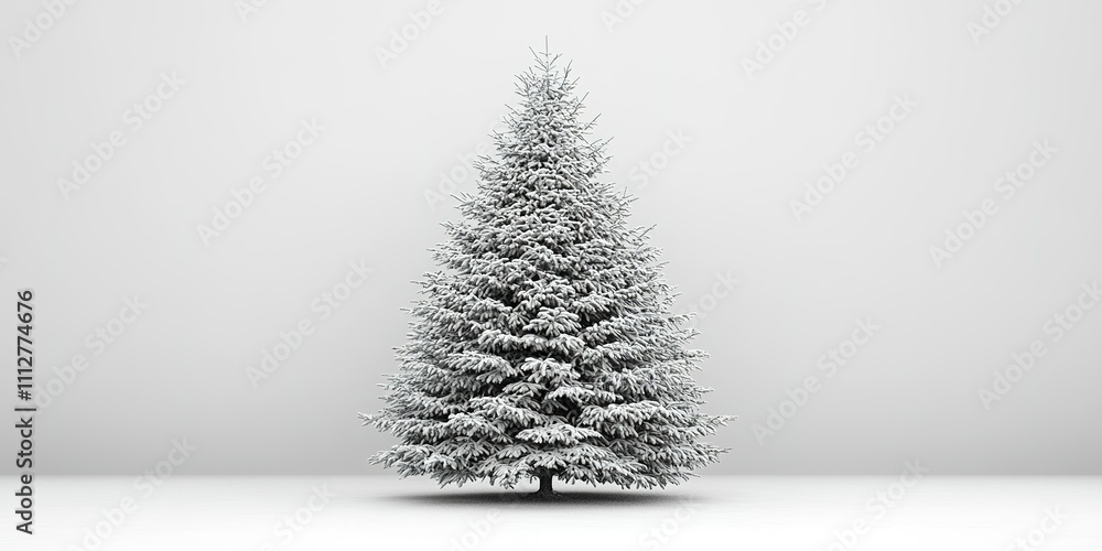 Poster snow-covered evergreen tree stands alone against a light backdrop in a serene indoor setting during 