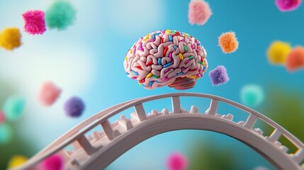 Fototapeta premium A joyful brain with a wide grin and sparkling eyes, riding a rollercoaster of vibrant colors, representing the thrills of creativity and new experiences.