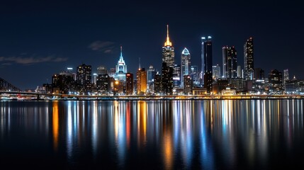 A city skyline is reflected in the water at night