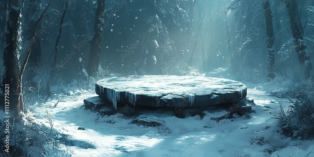 Poster mysterious stone platform surrounded by snow-covered trees in an enchanted forest during winter twil