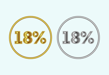 18 percent icon, 18 percent sign symbol in gold and silver color