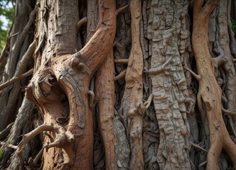 Closeup of textured bark on a mature tree trunk with tree roots, ancient tree, mature tree, weathered wood