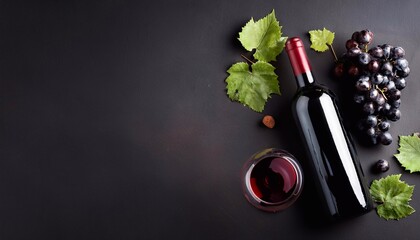 Elegant and inviting scene for wine enthusiasts, red wine bottle, glass, and fresh grapes on a dark background