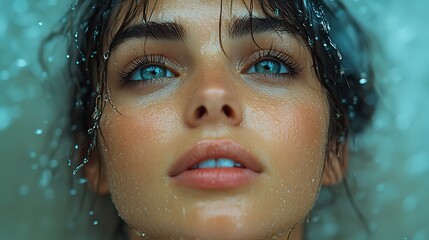 biblical character emotional close up portrait of young woman looking up under the rain