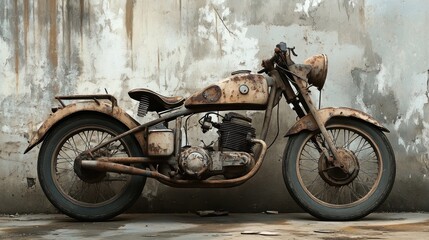 Rusty Vintage Motorcycle Against Weathered Wall