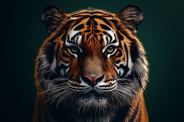 Naklejka premium Close-up portrait of a tiger against a dark green background