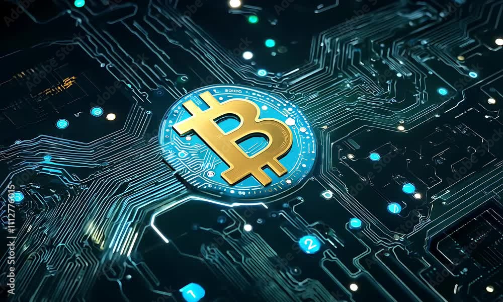 Poster bitcoin symbol on circuit board: abstract animation
