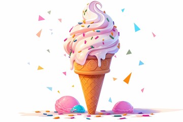 A colorful ice cream cone with sprinkles and scoops, set against a bright background.