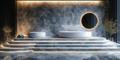 Modern spa interior featuring elegant circular bathtubs and soothing lighting design in a luxurious setting
