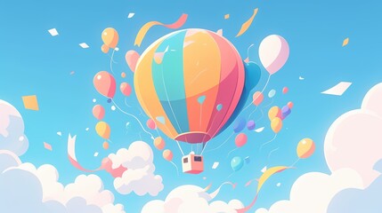 A colorful hot air balloon surrounded by festive balloons and clouds.
