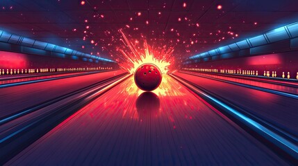 bright cartoon of a bowling ball in a bowling alley smashing pin