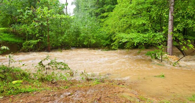 Panning shot from a culvert down a swollen urban creek in Chapel Hill, North Carolina after Hurricane Florence, with ambient sound
