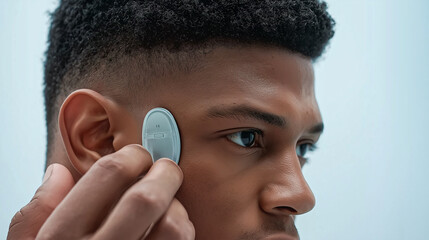 Doctor applying wireless eeg headset to patient's temple for brainwave monitoring
