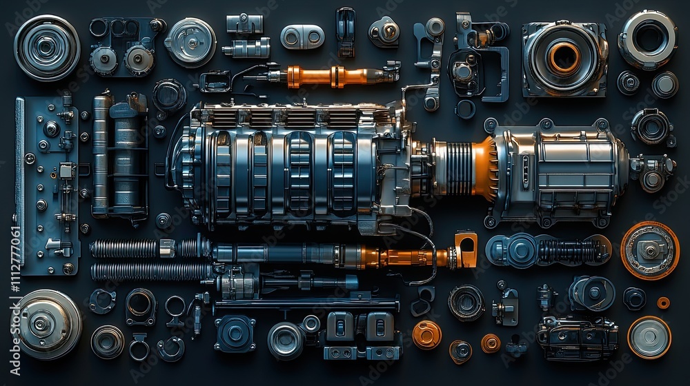 Poster car parts technical drawing automobile car machine engine 3d car service elements isolated on black 