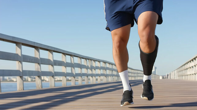 Disabled athlete running with prosthetic leg on wooden pier